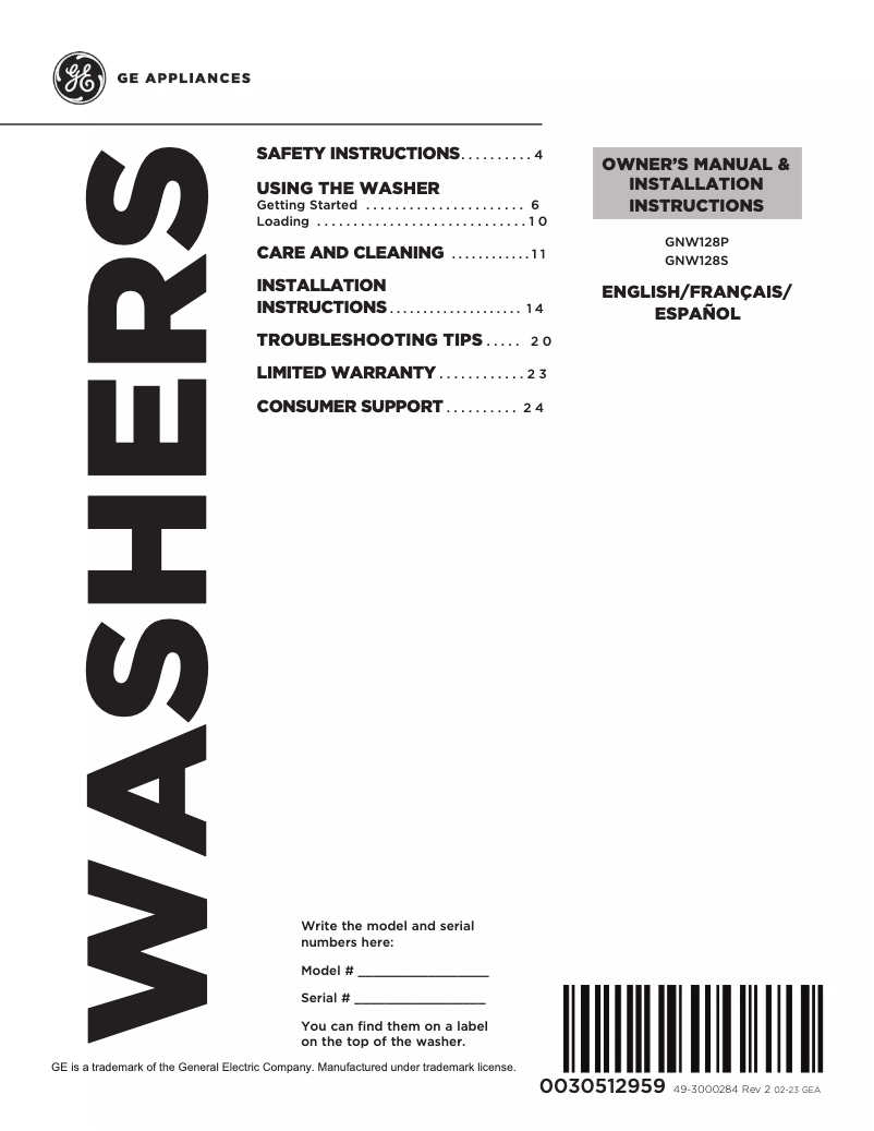 Page 1 de la notice Manuel d'utilisation et d'entretien GE GNW128SSMWW
