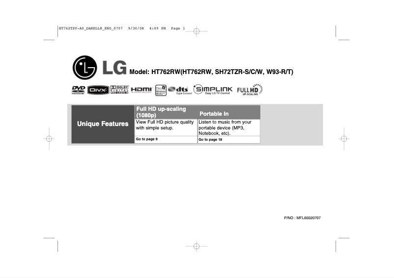 Page 1 de la notice Manuel utilisateur LG HT762RW