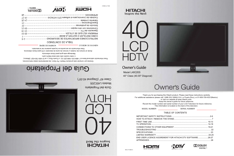 Page 1 de la notice Manuel utilisateur Hitachi L40C205