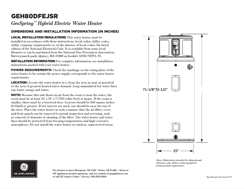 Page 1 de la notice Fiche technique GE GeoSpring H80DFEJSR