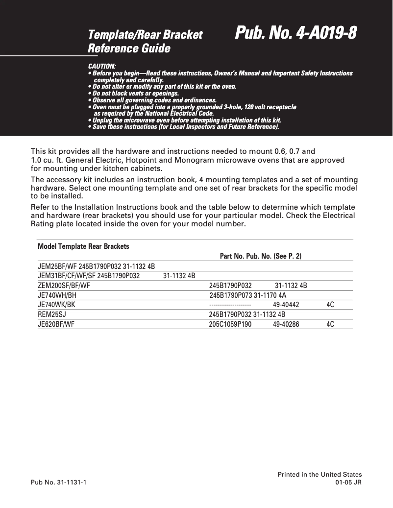 Page 1 of the manual Installation Guide GE JEM31BF