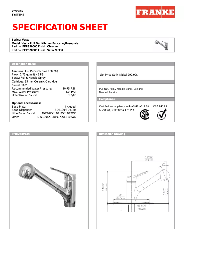 Page n°1 - Fiche technique Franke FFPS20000