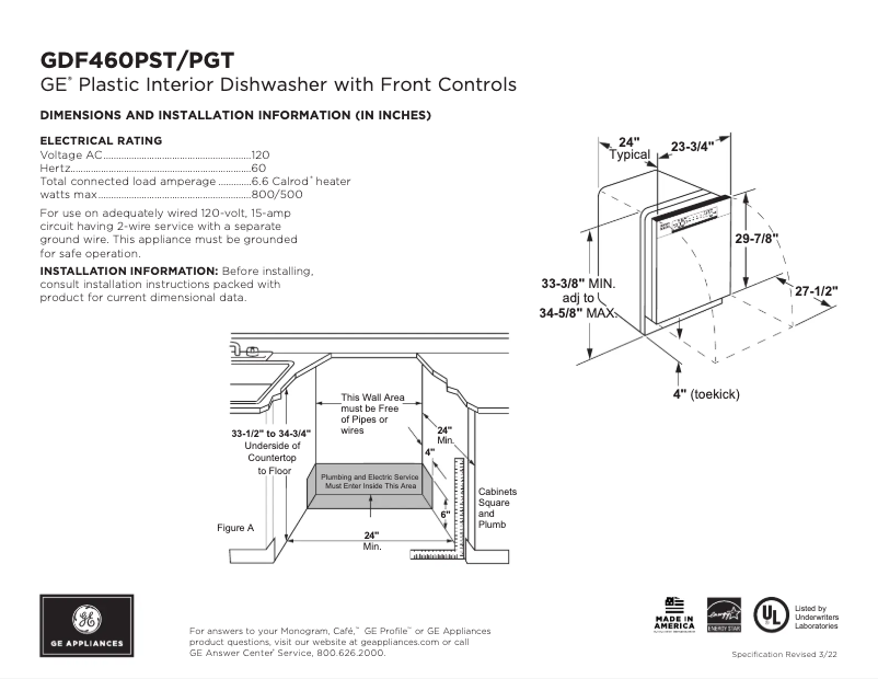Page 1 of the manual Technical Sheet GE GDF460PGTWW