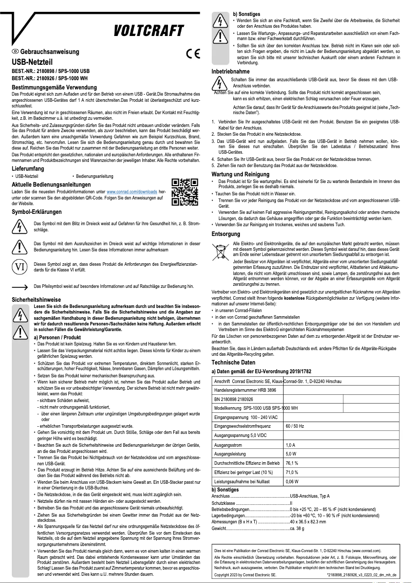 Page n°1 - Manuel utilisateur Voltcraft SPS-1000