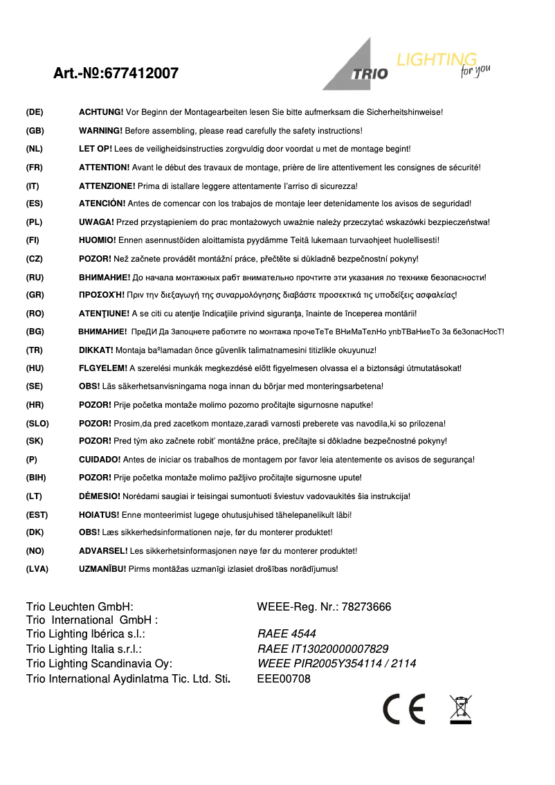 Page 1 de la notice Manuel utilisateur Trio Lighting Stalypso 677412007