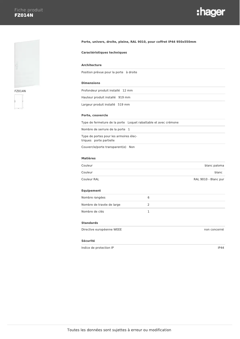 Page 1 de la notice Fiche technique Hager FZ014N