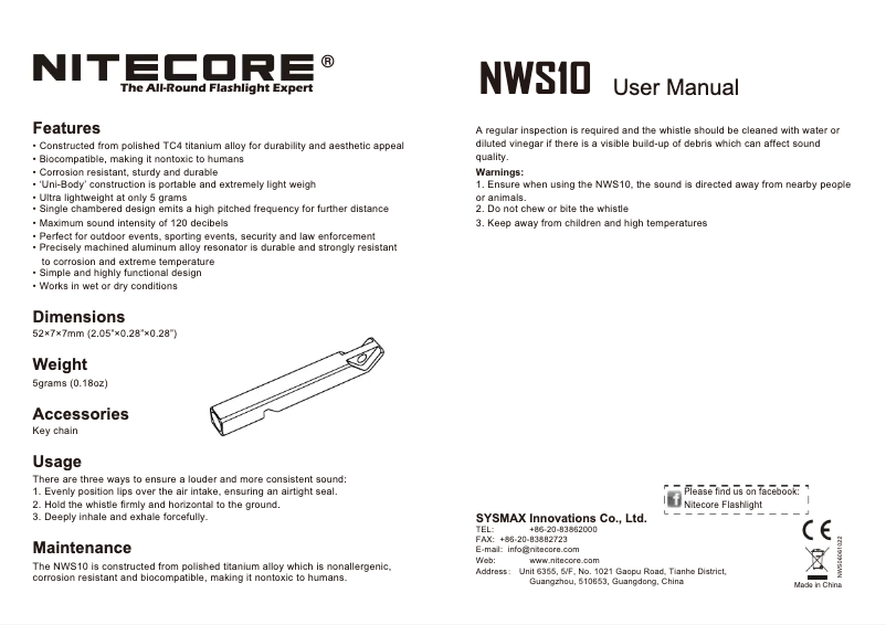 Page 1 de la notice Manuel utilisateur Nitecore NWS10