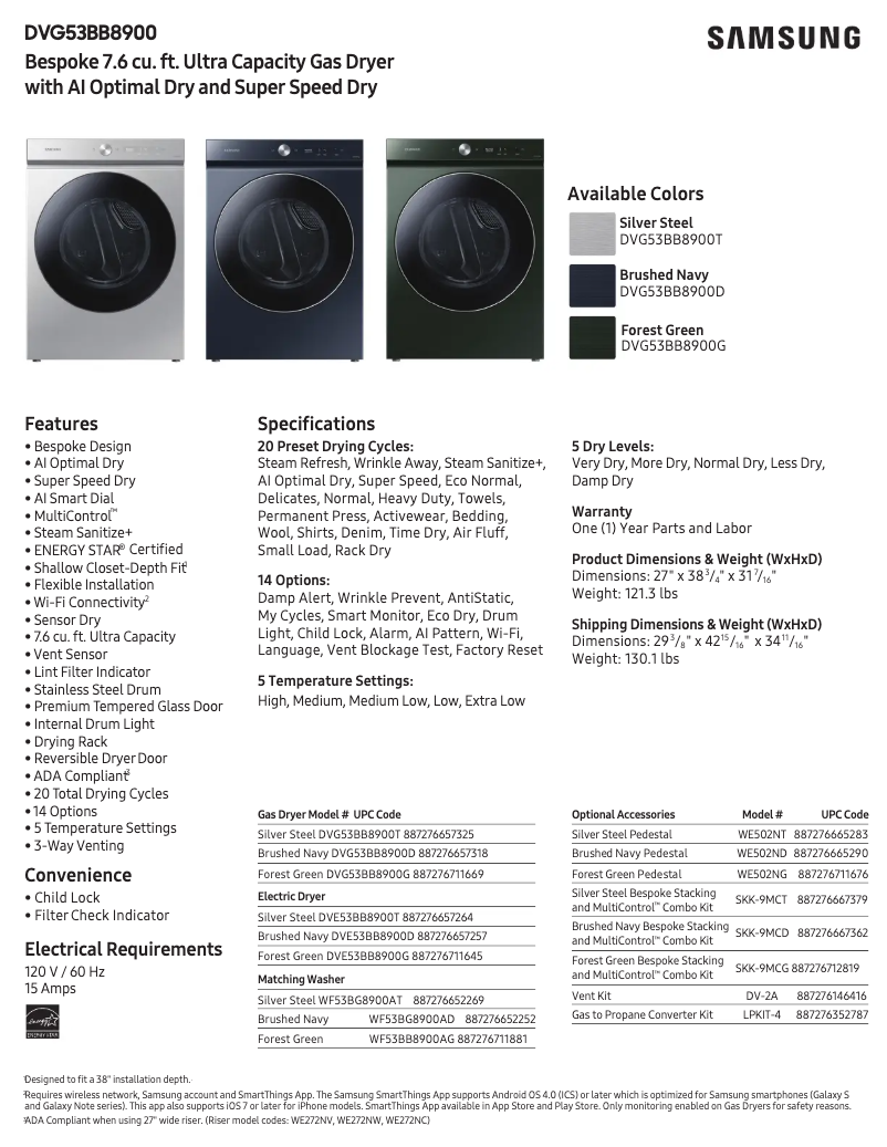 Page 1 de la notice Fiche technique Samsung DVG53BB8900D