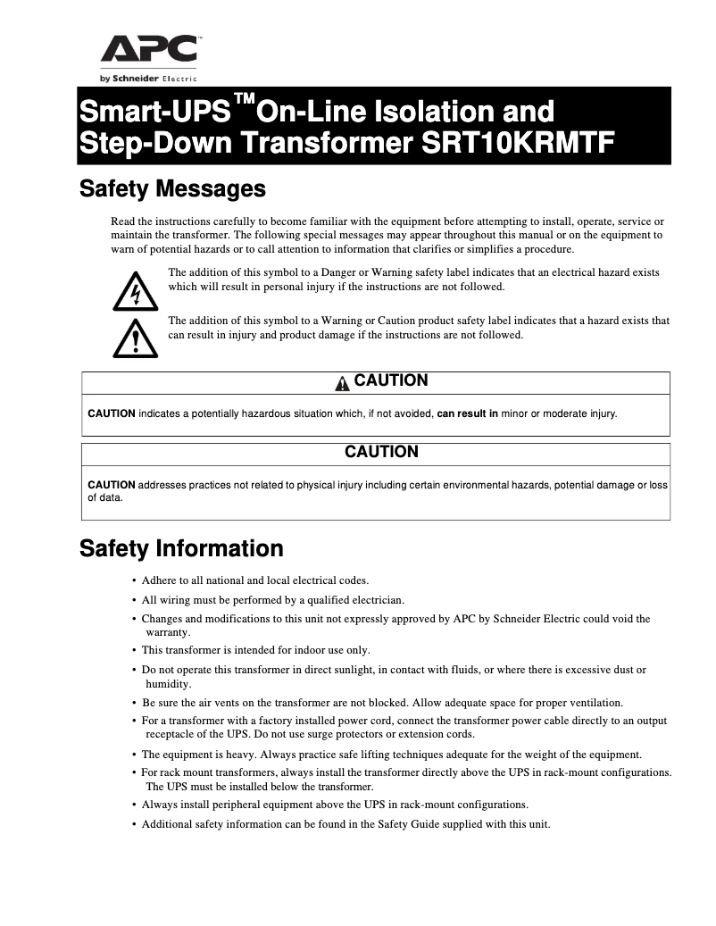 Page n°1 - Manuel utilisateur APC Smart-UPS SRT10KRMTF