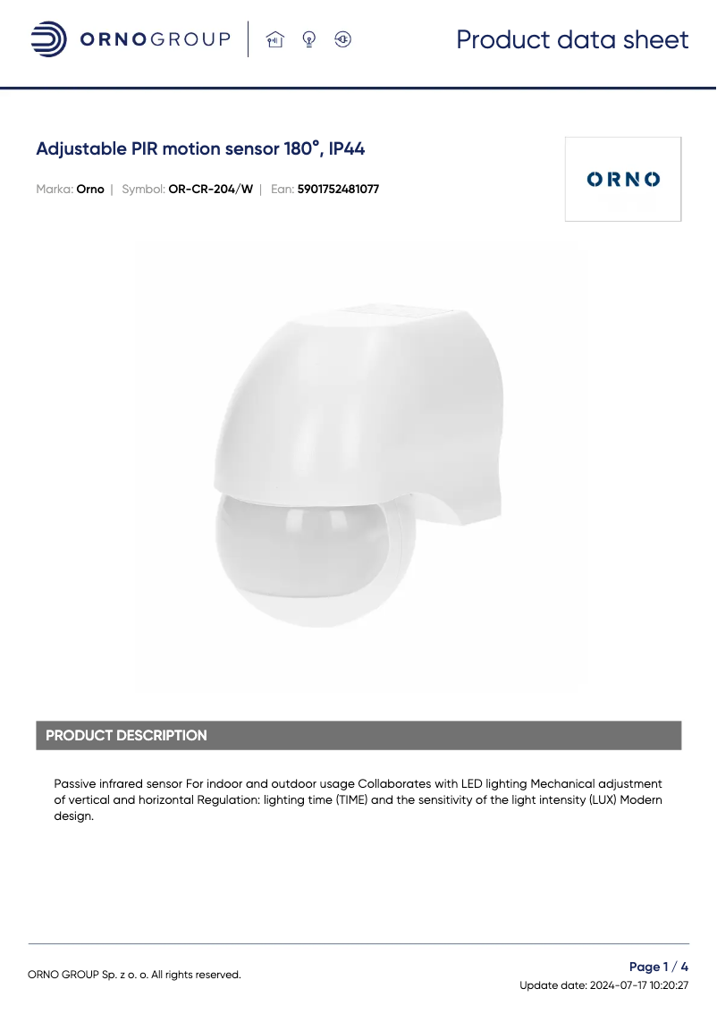 Page 1 de la notice Fiche technique ORNO OR-CR-204