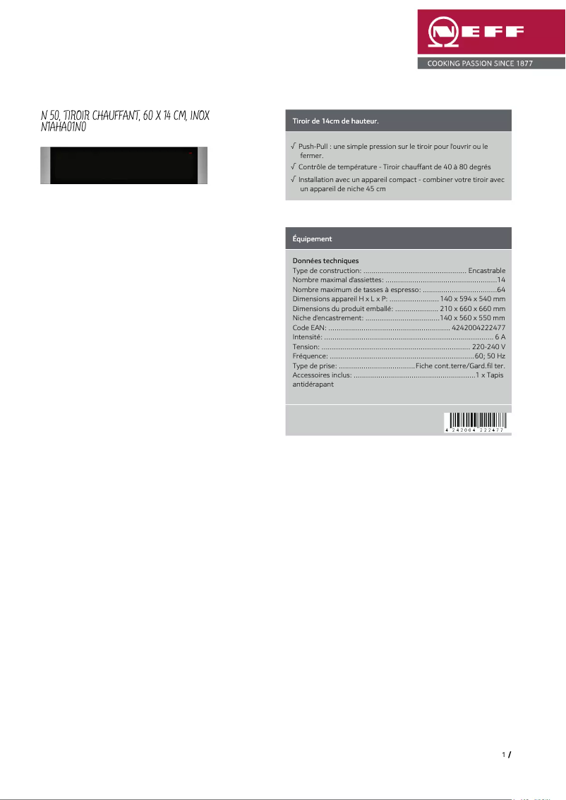 Page 1 de la notice Fiche technique Neff N1AHA01N0