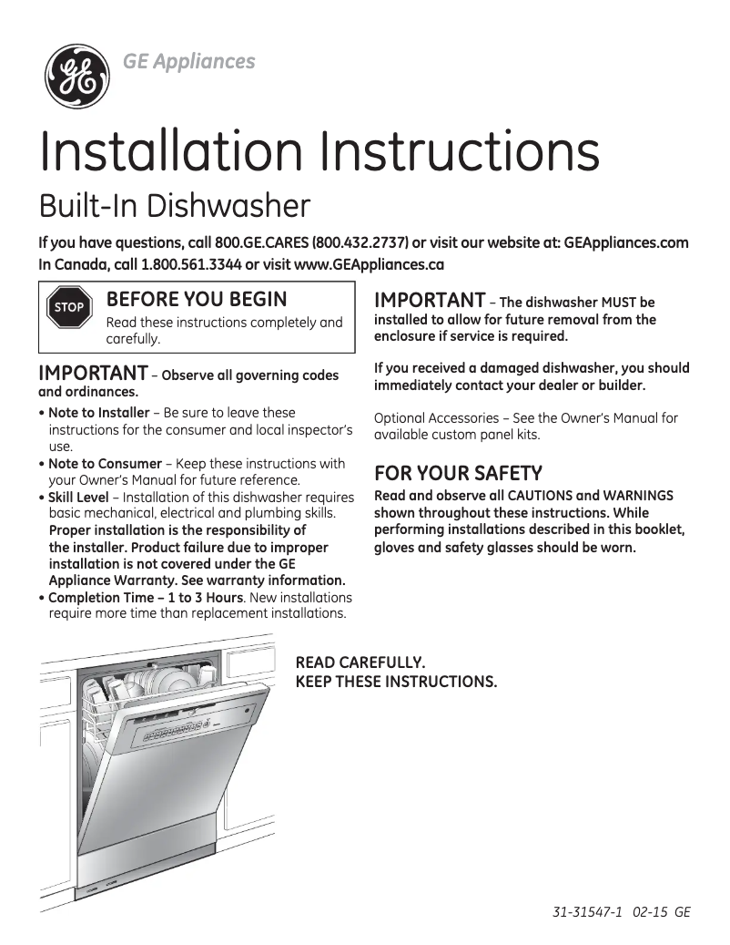 Page 1 of the manual Installation Guide GE GSD3300DCC