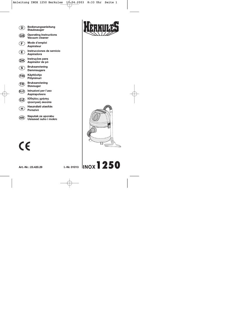 Page 1 de la notice Manuel utilisateur Herkules INOX 1250