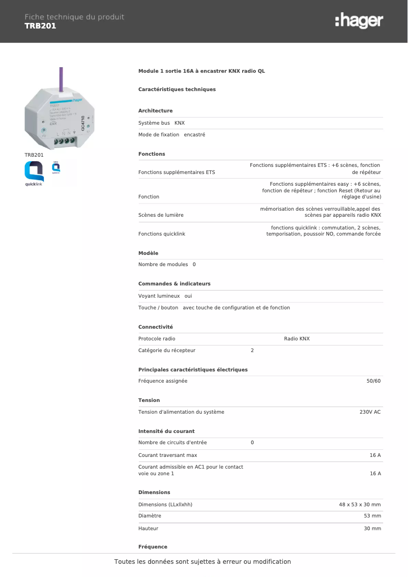 Page n°1 - Fiche technique Hager TRB201