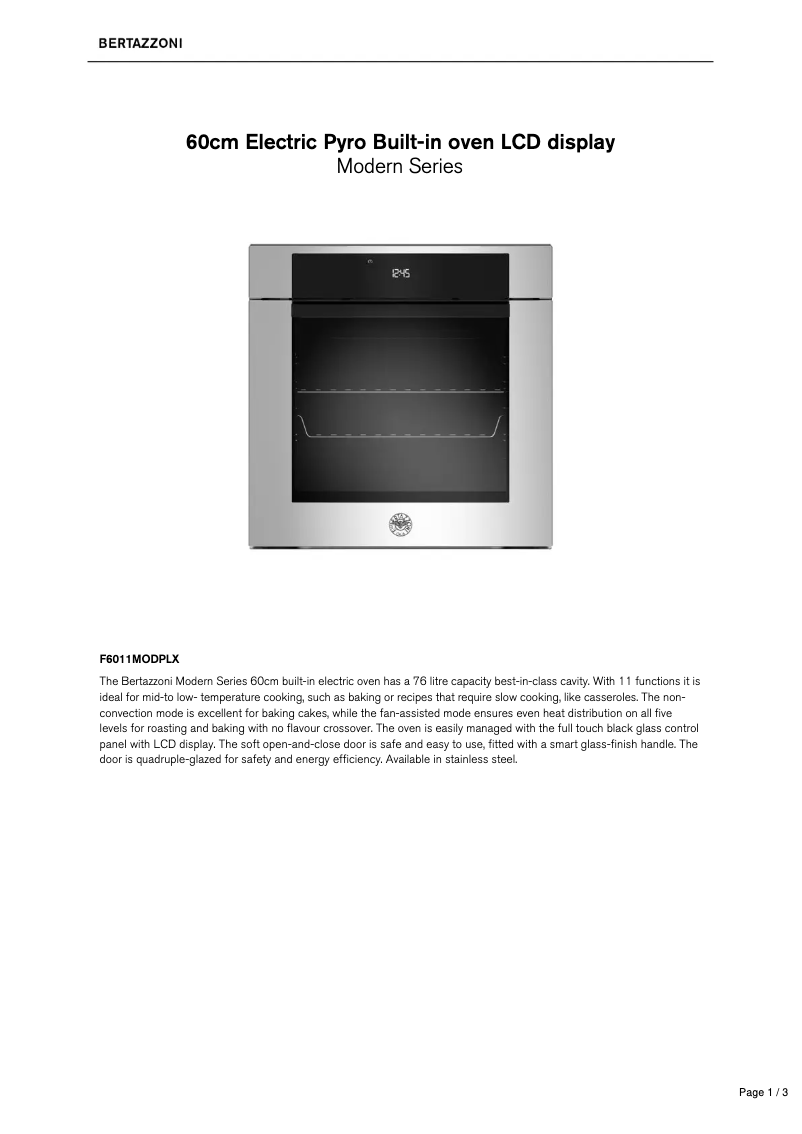 Page 1 de la notice Fiche technique Bertazzoni F6011MODPLX