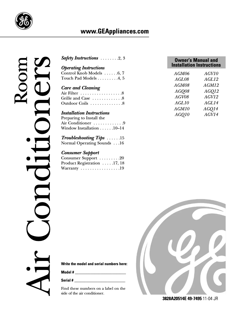 Page 1 de la notice Guide d'installation GE AGQ14AB