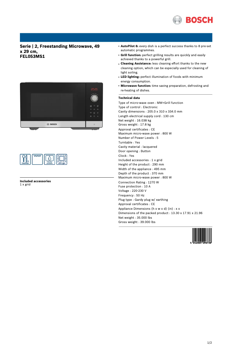 Page 1 de la notice Fiche technique Bosch FEL053MS1