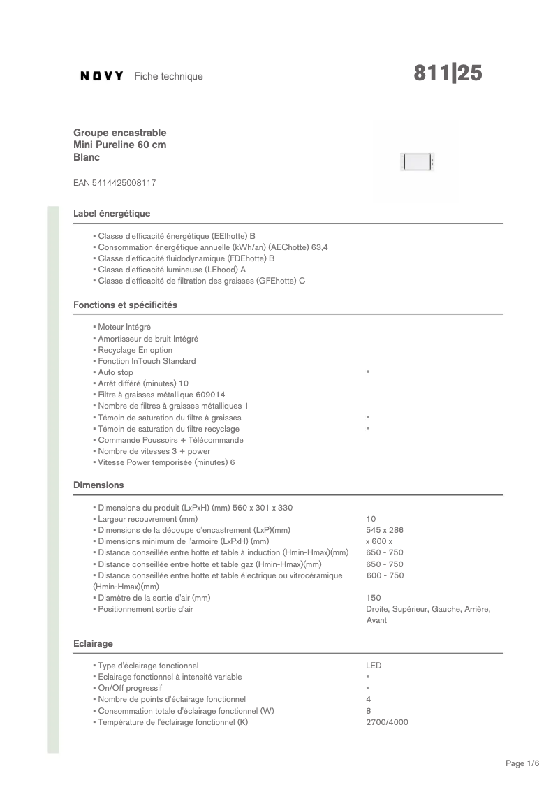 Page n°1 - Fiche technique Novy Pure'Line Mini 811