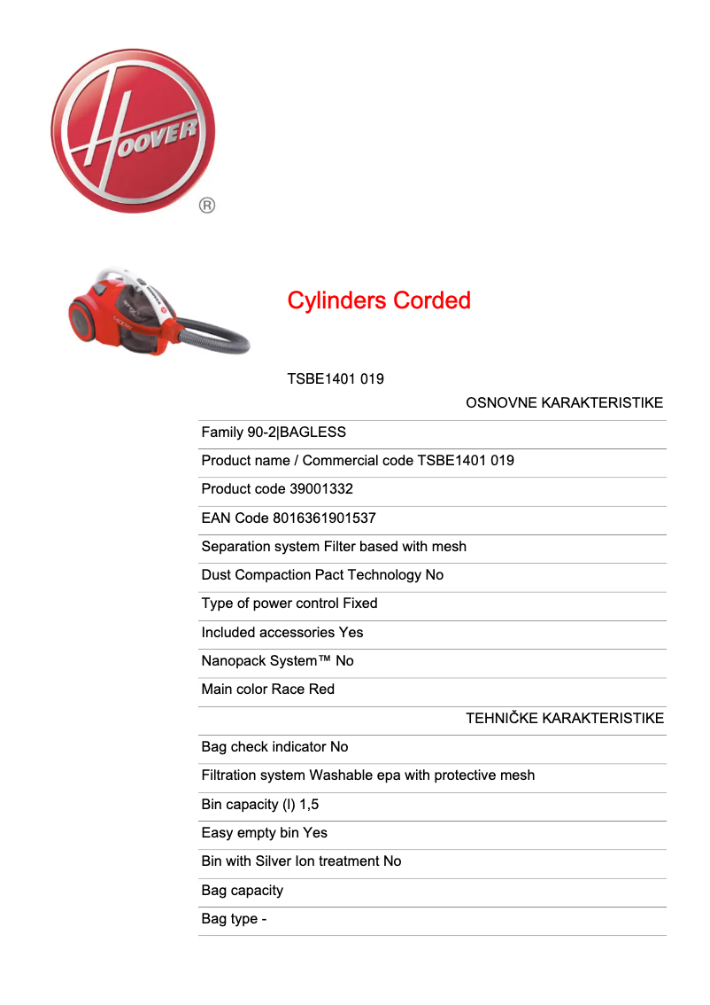 Page 1 de la notice Fiche technique Hoover Sprint Evo TSBE1401 019