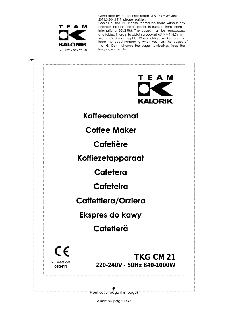 Page n°1 - Manuel utilisateur Kalorik TKG CM 21