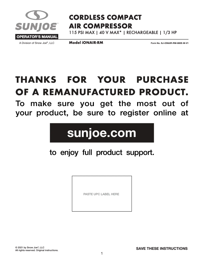 Page n°1 - Manuel utilisateur Sun Joe IONAIR-RM