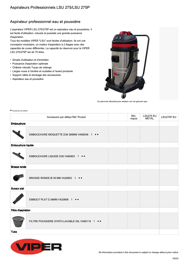 Page 1 de la notice Fiche technique Nilfisk LSU275