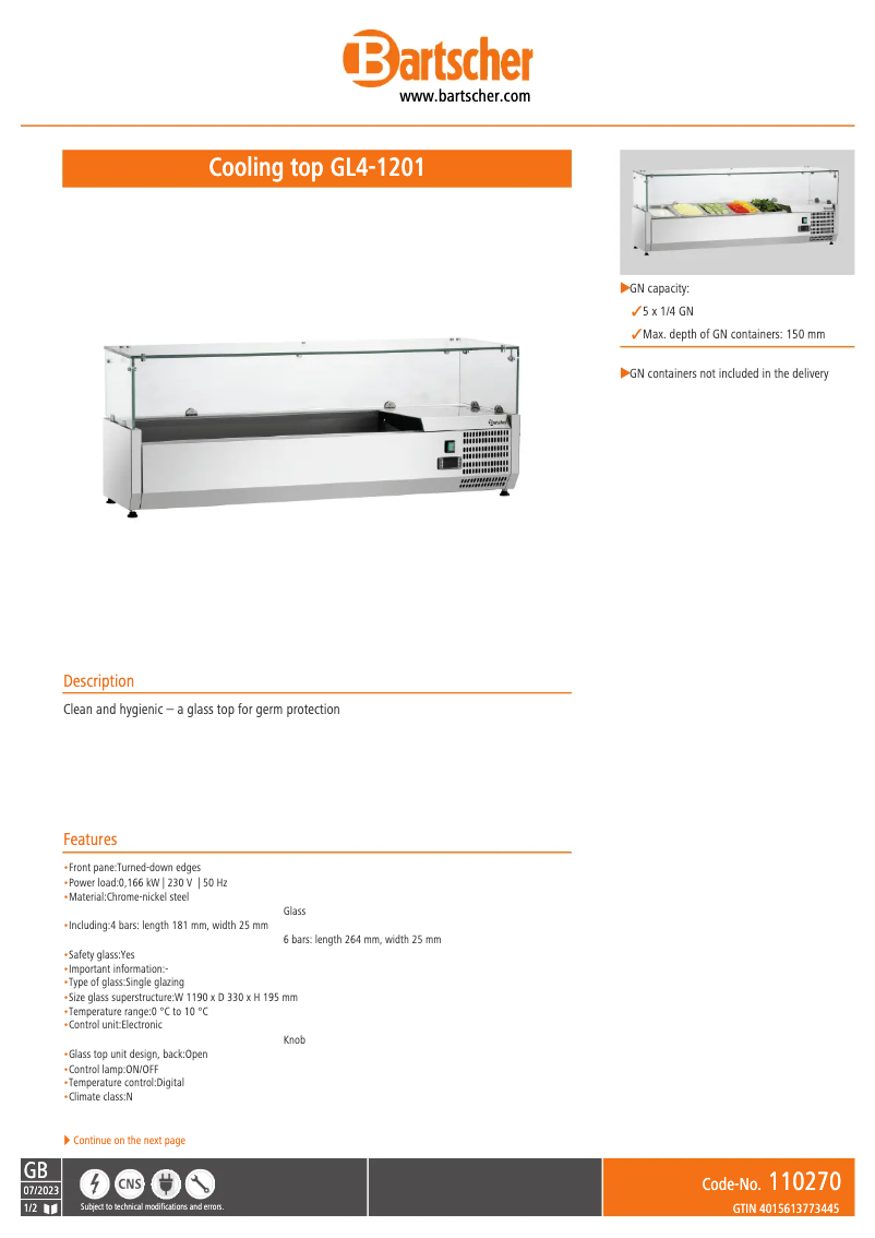 Page 1 de la notice Fiche technique Bartscher GL4-1201