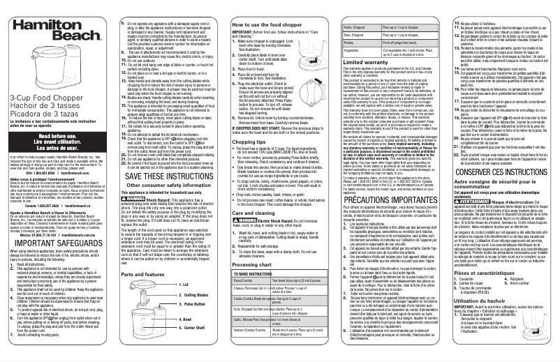 Page n°1 - Manuel d'utilisation et d'entretien Hamilton Beach 72900