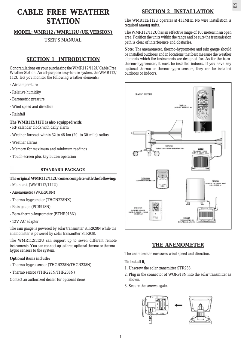 Page 1 de la notice Manuel utilisateur Oregon Scientific WMR 112