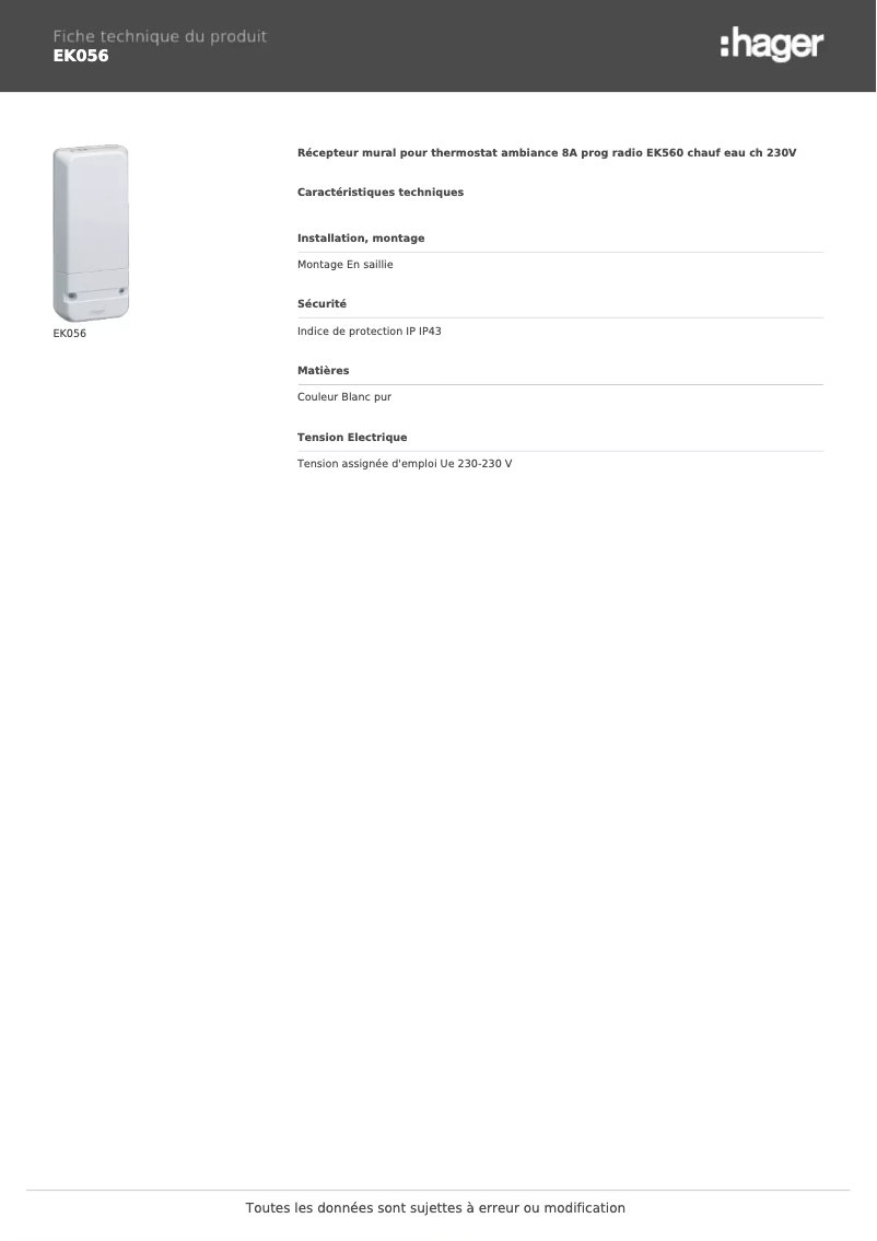Page 1 de la notice Fiche technique Hager EK056