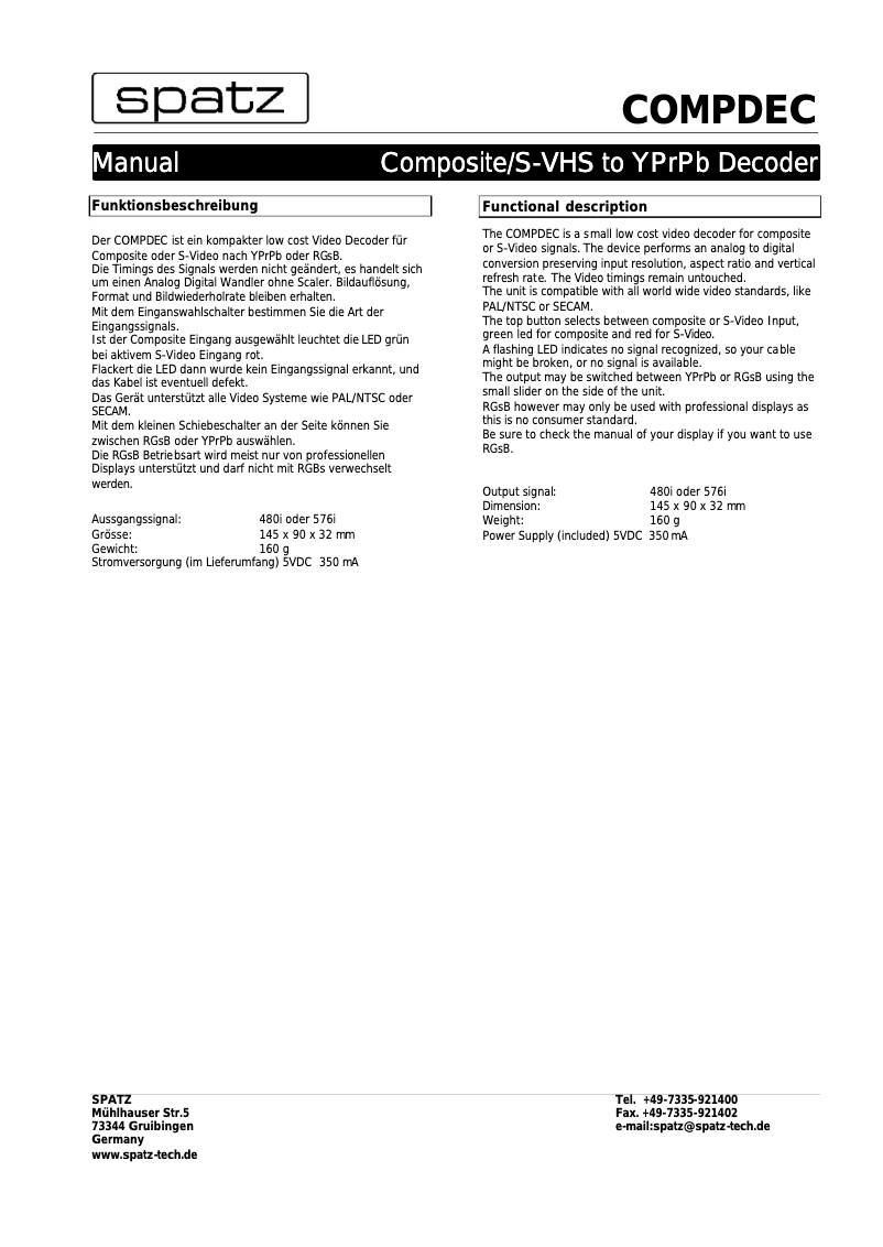 Page 1 de la notice Manuel utilisateur Spatz Compdec