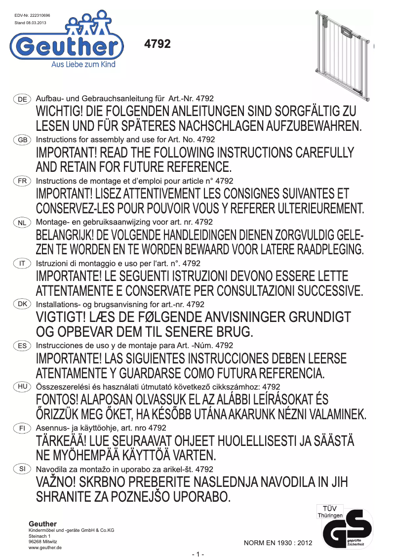 Page 1 de la notice Manuel utilisateur Geuther Easylock 4792