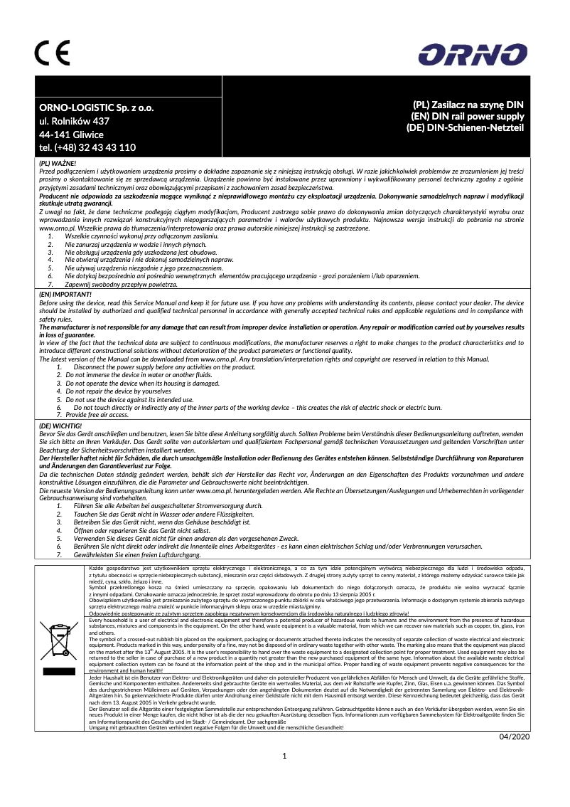 Page n°1 - Manuel utilisateur ORNO OR-PSU-1643