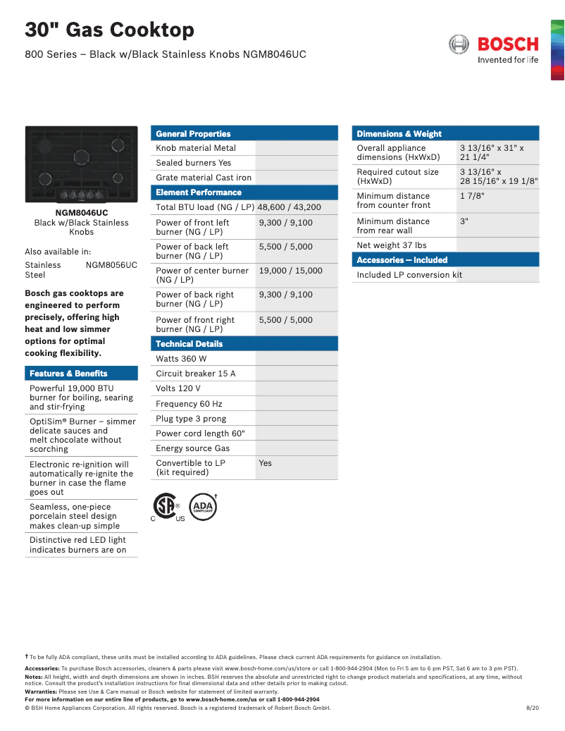 Page 1 de la notice Fiche technique Bosch NGM8046UC