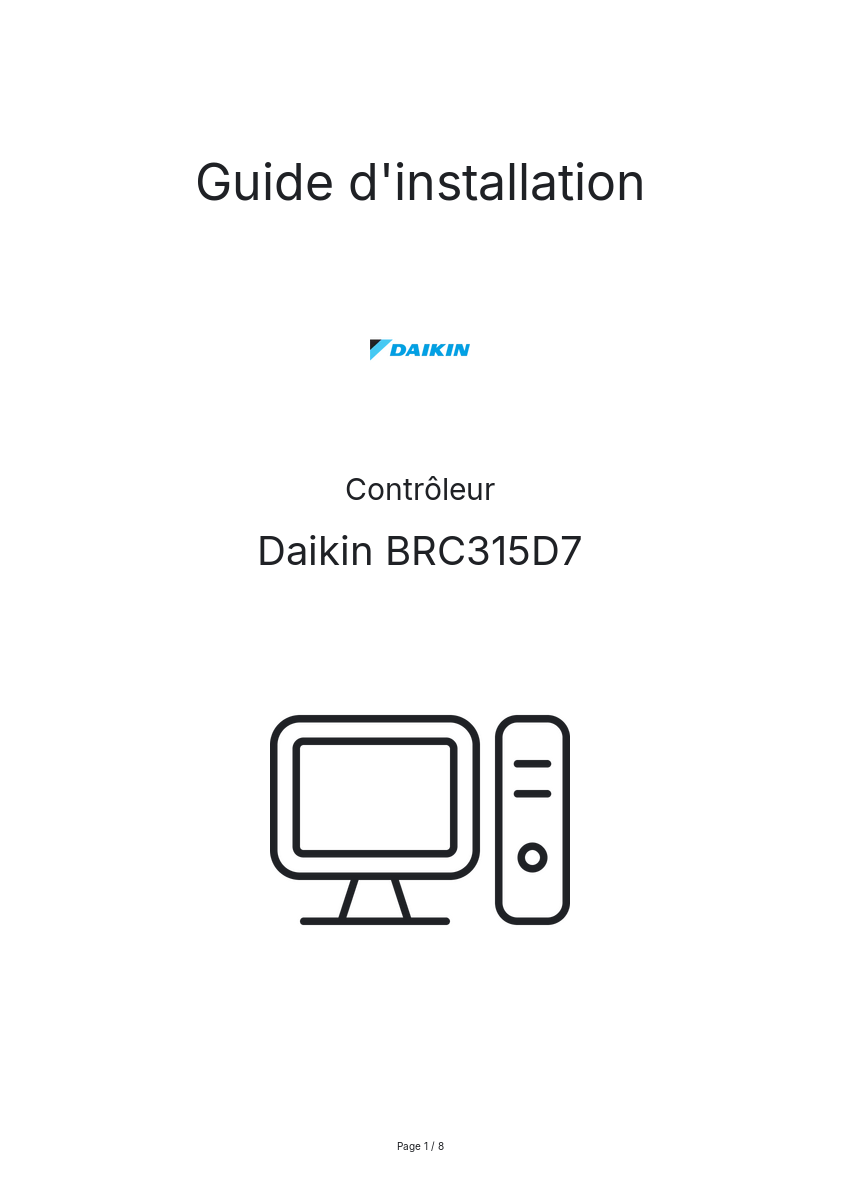 Page n°1 - Guide d'installation Daikin BRC315D7