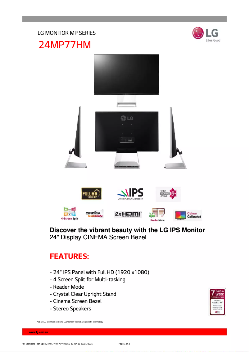 Página 1 del manual Ficha técnica LG 24MP77HM-P