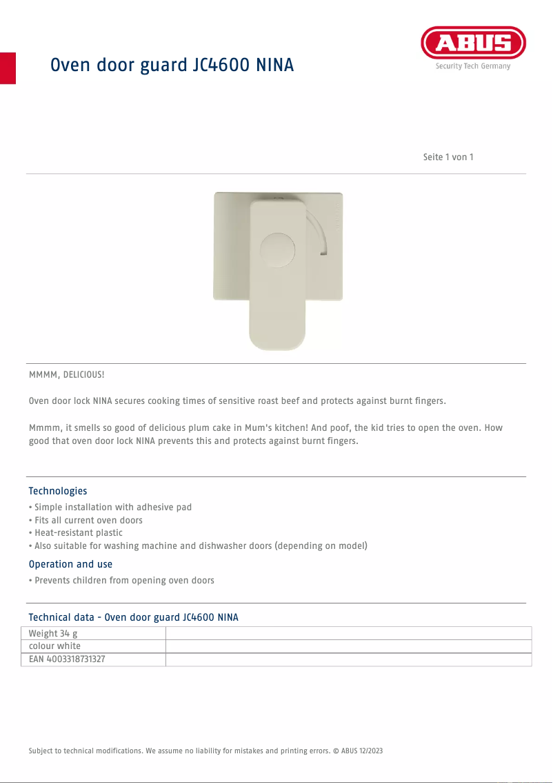 Page n°1 - Fiche technique Abus NINA JC4600