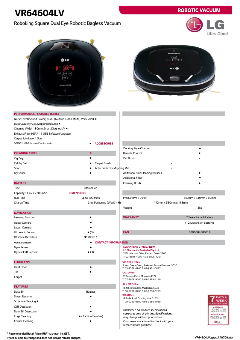 Page 1 de la notice Fiche technique LG VR64604LV