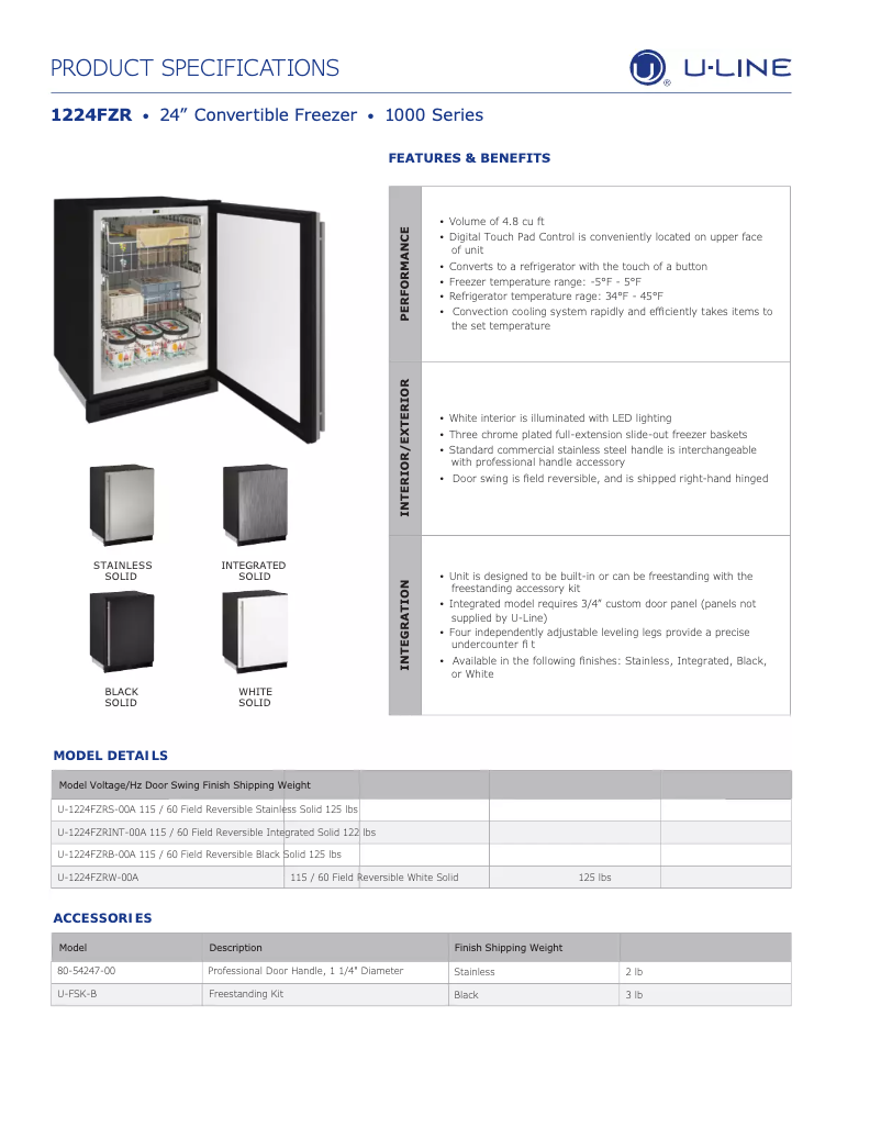 Page n°1 - Fiche technique U-Line U-1224FZRINT-00A