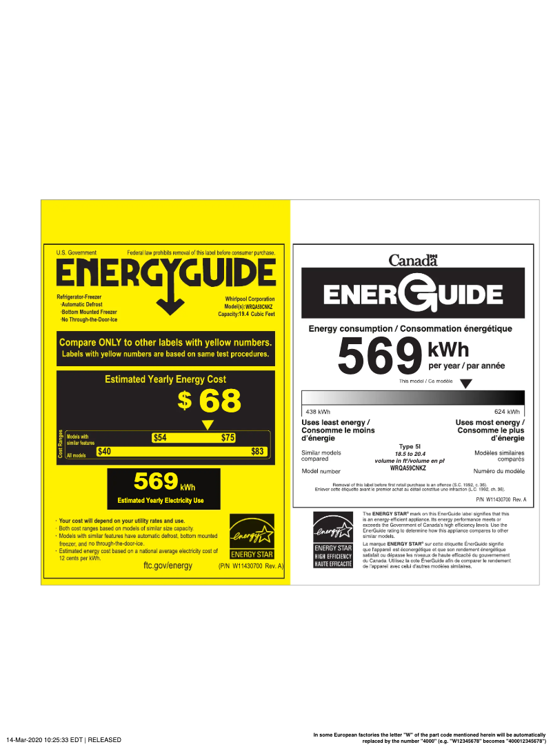 Page 1 de la notice Label énergétique Whirlpool WRQA59CNKZ