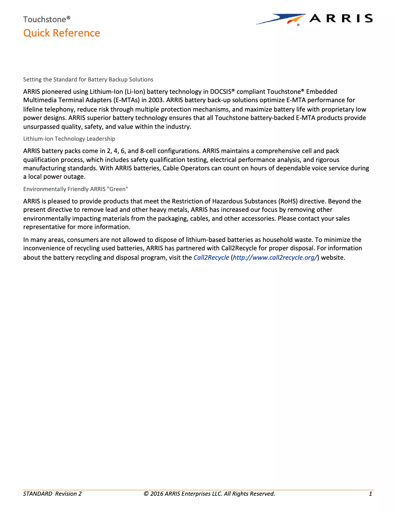 Page 1 de la notice Guide de démarrage rapide Arris Touchstone BPD066H