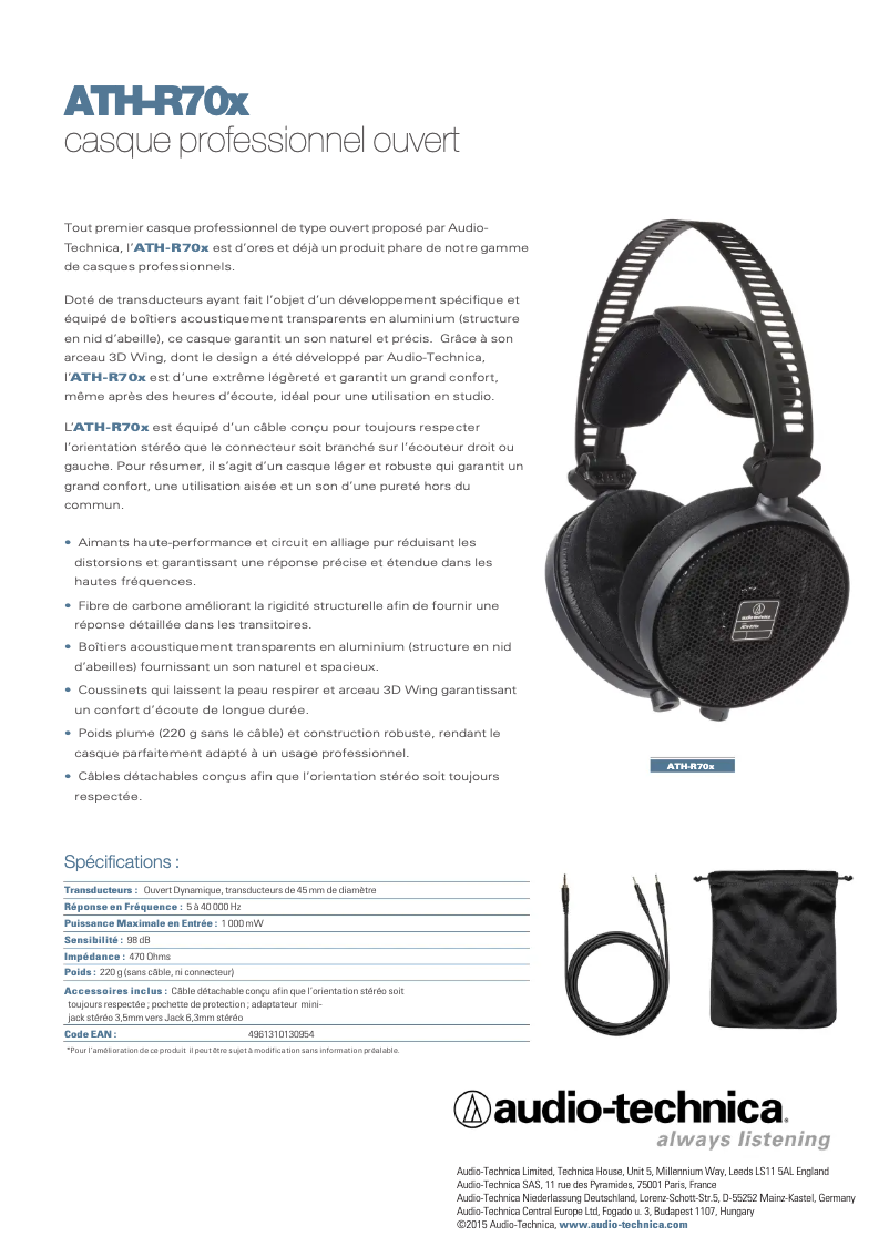 Page n°1 - Fiche technique Audio-Technica ATH-R70x