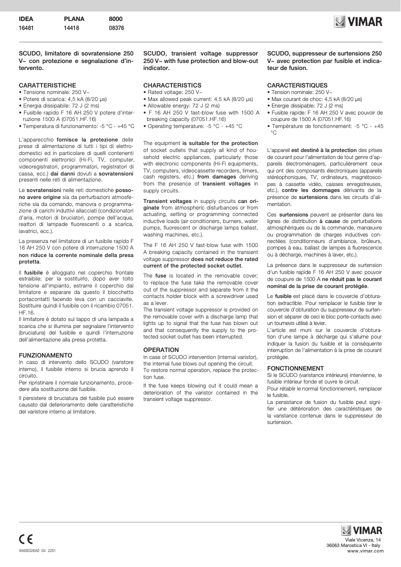 Page 1 de la notice Manuel utilisateur Vimar 08376