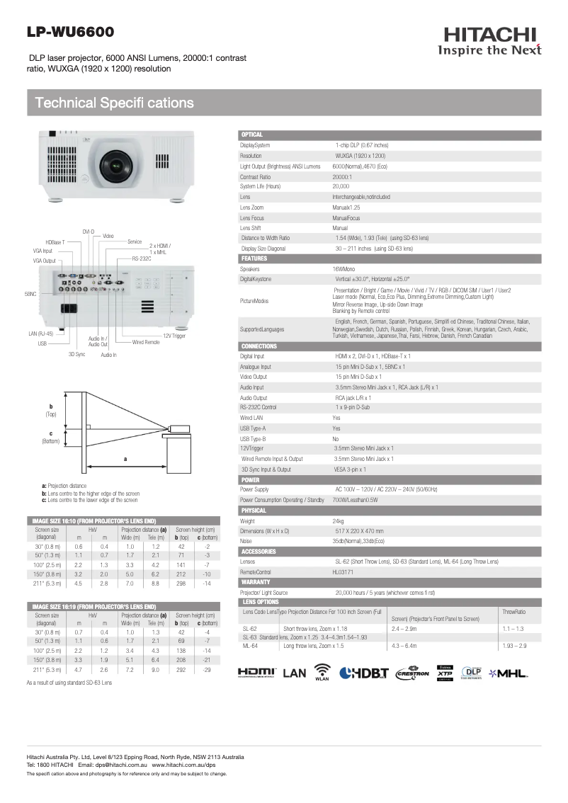 Página 1 del manual Ficha técnica Hitachi LP-WU6600