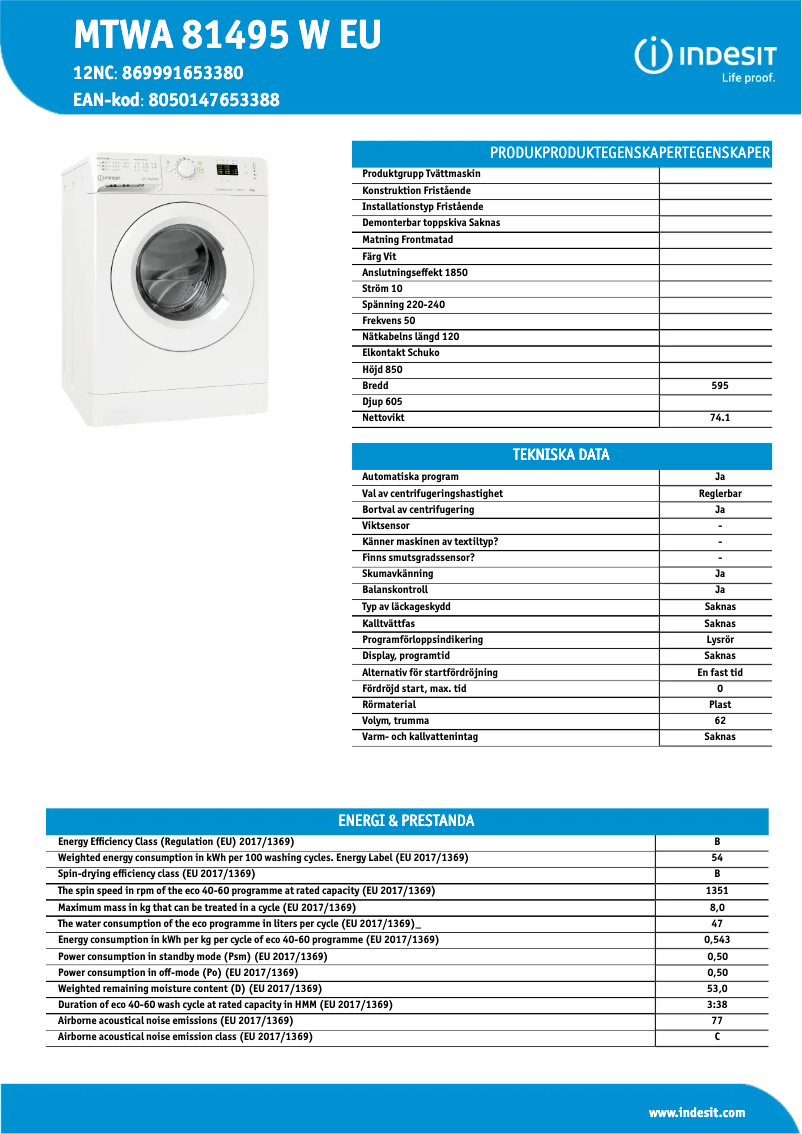 Page n°1 - Fiche technique Indesit MTWA 81495 W EU