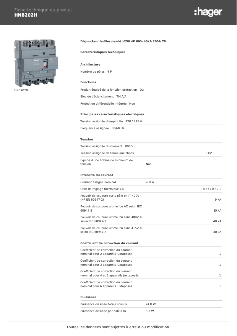 Page n°1 - Fiche technique Hager HNB202H