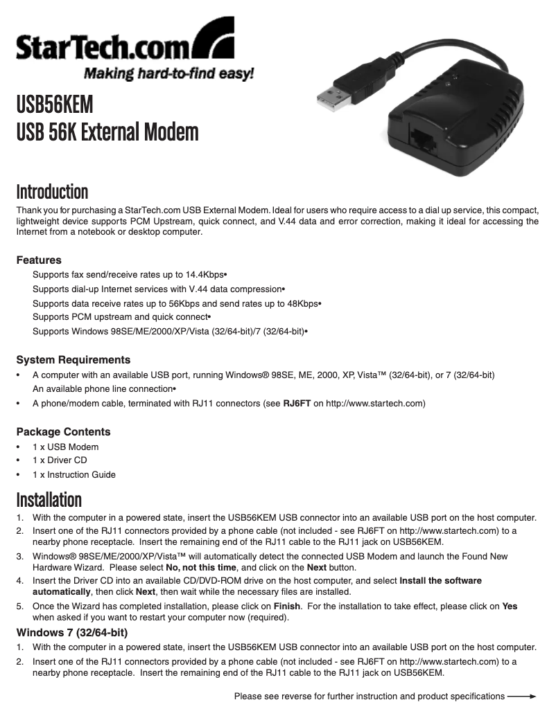 Page n°1 - Manuel utilisateur StarTech.com USB56KEM