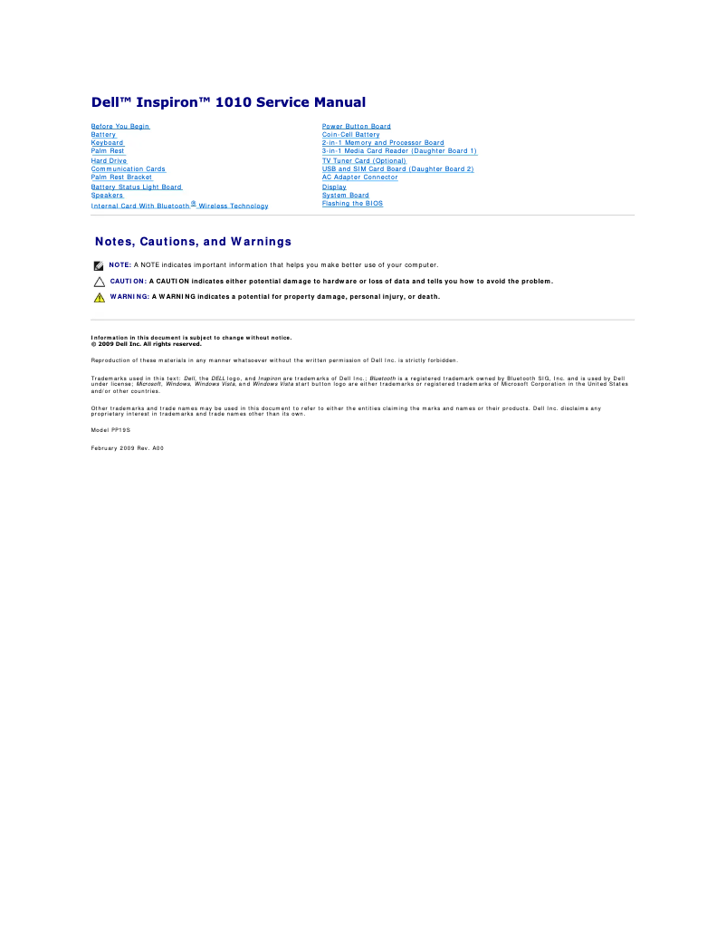 Image de la première page du manuel de l'appareil Inspiron 1010