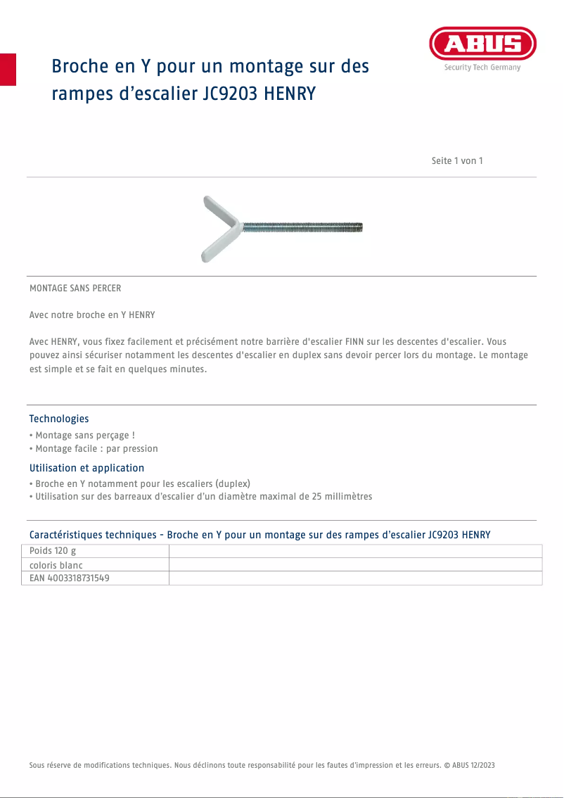 Page 1 de la notice Fiche technique Abus JC9203