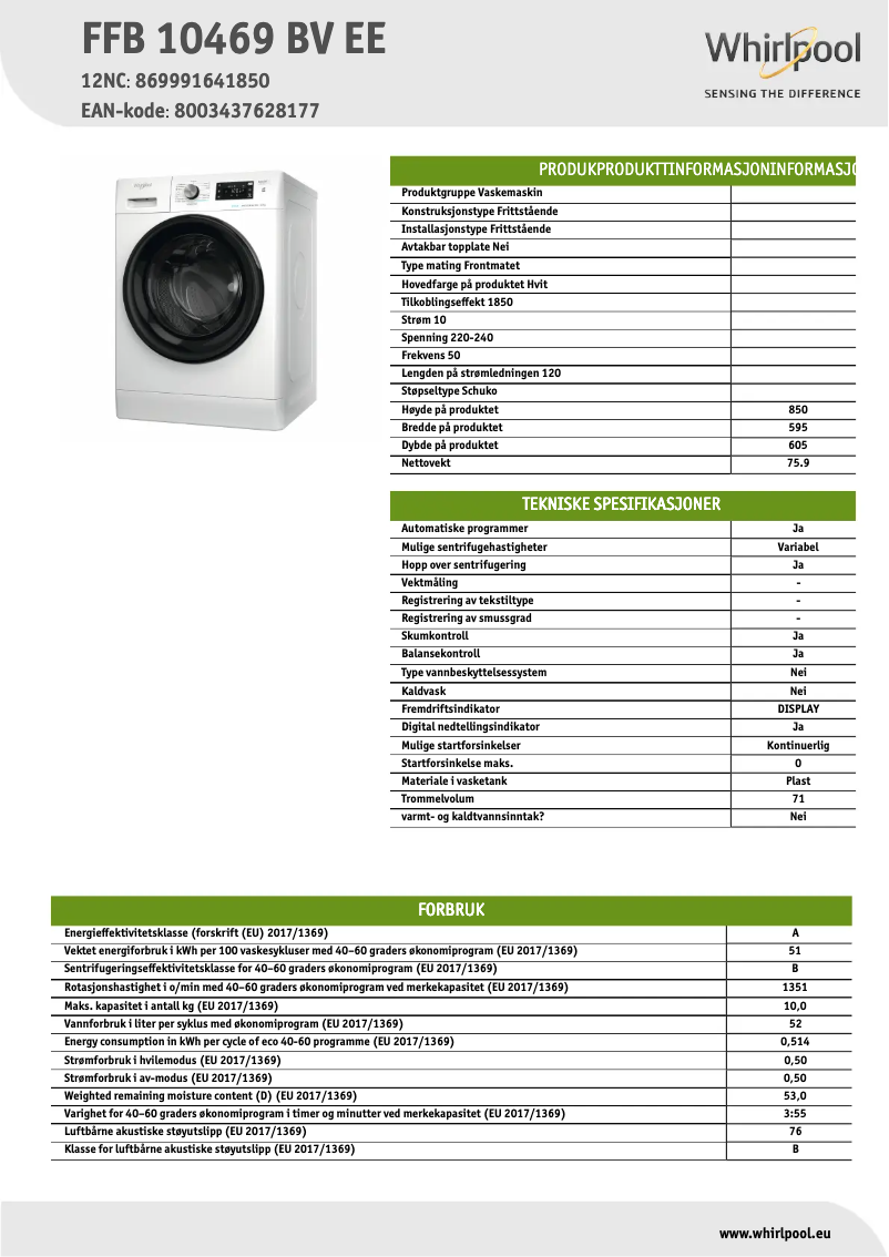 Página 1 del manual Ficha técnica Whirlpool FFB 10469 BV EE